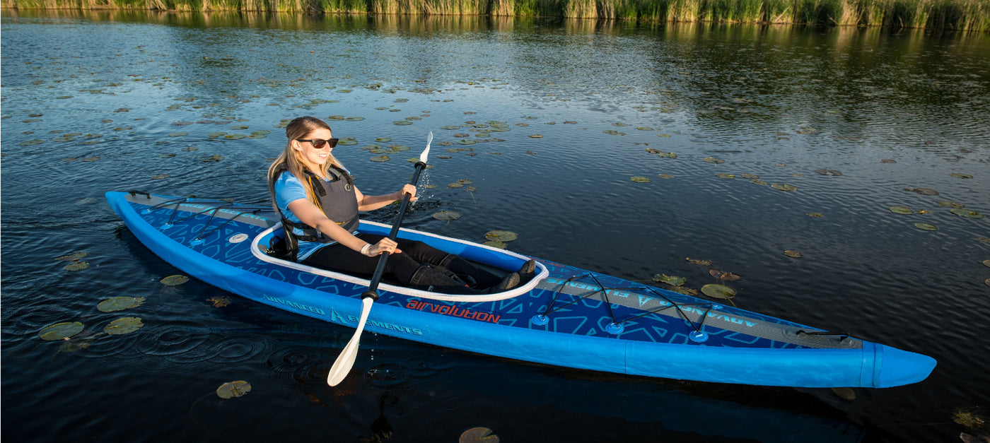 Woman paddling on the Advanced Elements Airvolution inflatable kayak